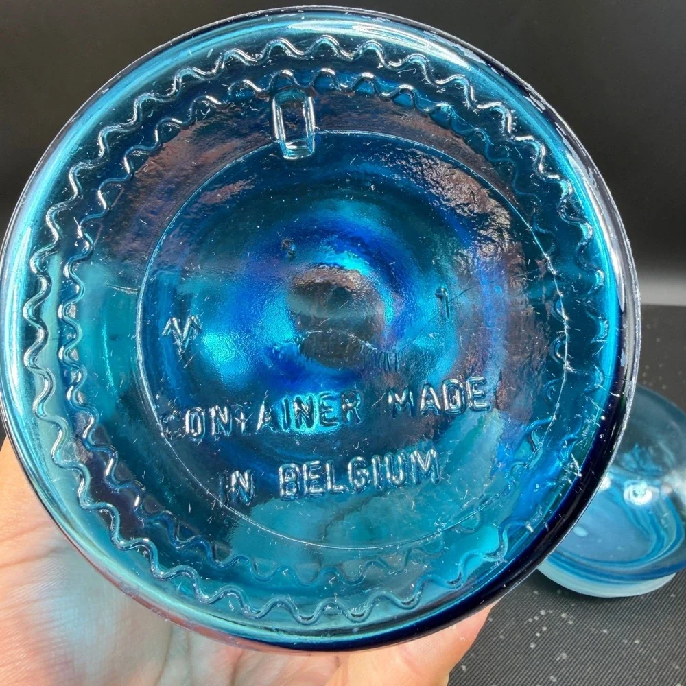 Vintage Blue Glass Apothecary Jar Bubble Lid Made in Belgium Turquoise 8.5